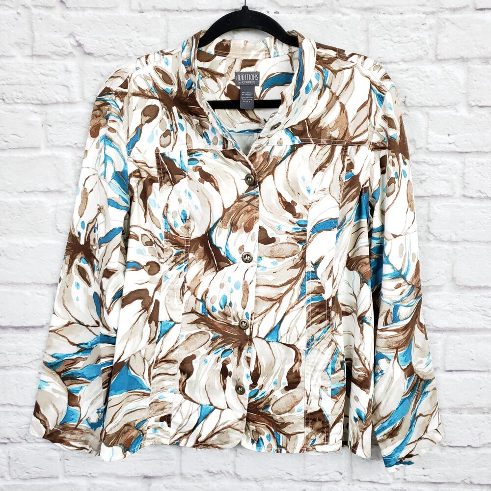 Chico's Size 3 Brown Tan Teal Blue Tropical Leaf Print Stretch Jacket Size XL 16